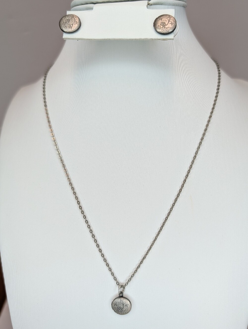 Floral Tiny Locket Pendant Necklace And Earring Set